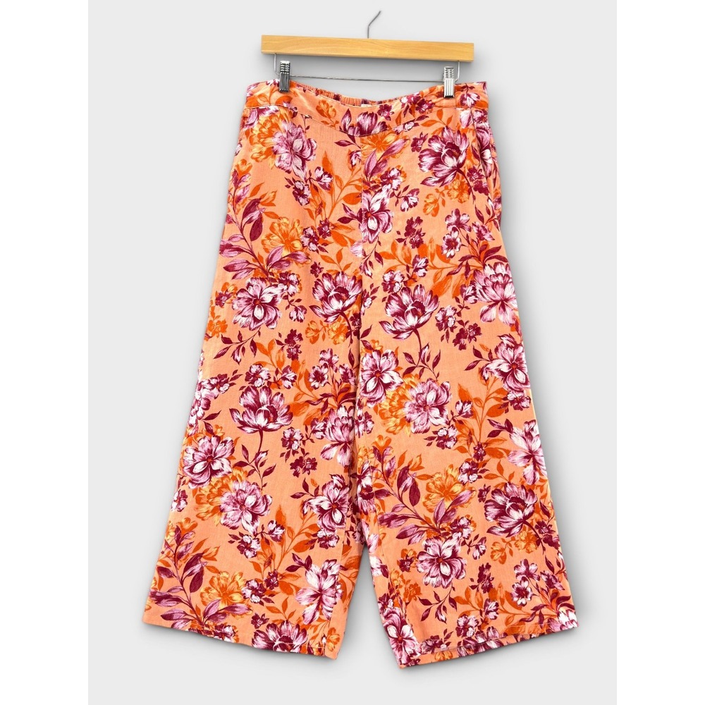 Rachel Zoe Linen Floral Wide Leg Crop Pull-on Pants XL Peach Boho Summer Resort